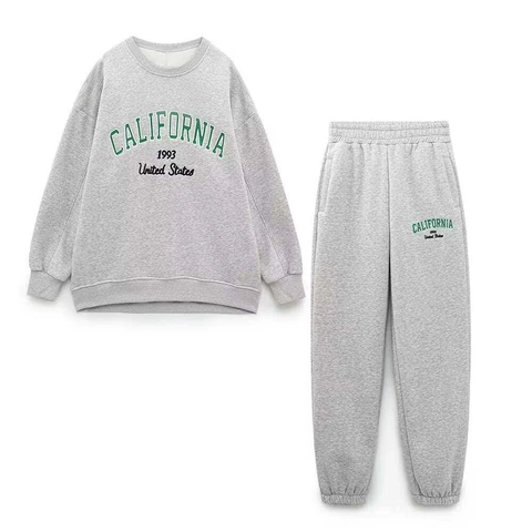 Damen Vintage California Buchstaben Stickerei Sweatshirt Und Jogginghose Baumwollmischung Grau Casual Loungewear Set Zweiteiler