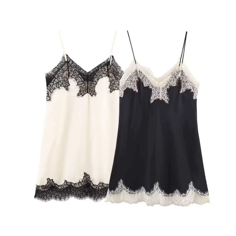 Sexy Damen V-Ausschnitt Spitze Satin Camisole Top Kontrast Wimpernspitze Spaghettiträger Seidentextur Sommer Tank Top Cami