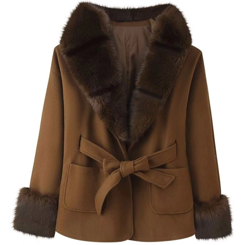 Abrigo de Lana Elegante para Mujer Con Cuello de Piel Sintética Capucha Manga Larga Ajuste Delgado Chaqueta de Largo Medio Abrigo de Invierno Cálido Con Cinturón