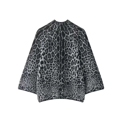 Pull Femme Ample à Imprimé Léopard Jacquard Col Montant Manches Longues Décontracté Pullover Mode Tricot Tops
