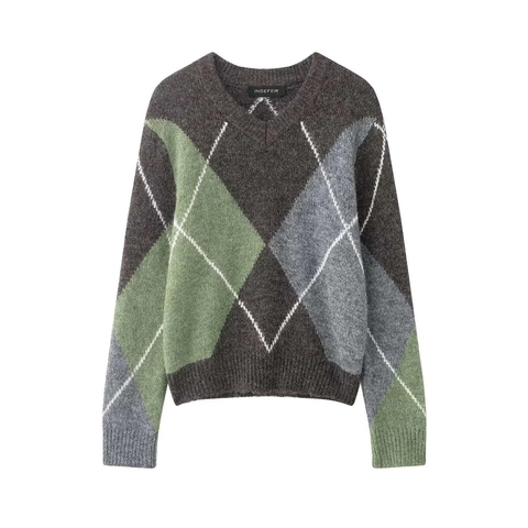 Women's Vintage Argyle Knit Sweater Loose V-Neck Long Sleeve Pullover Plaid Color Block Mohair-Look Warm Jumper Top