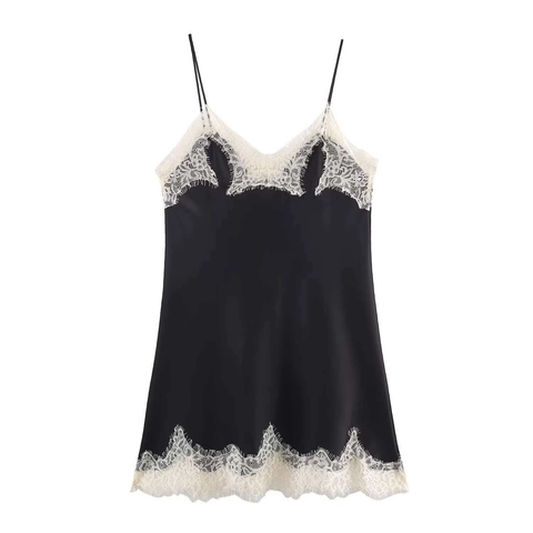 Sexy Damen V-Ausschnitt Spitze Satin Camisole Top Kontrast Wimpernspitze Spaghettiträger Seidentextur Sommer Tank Top Cami