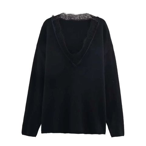 Dames Casual V-hals Gebreide Trui Elegant Kant Lange Mouwen Pullover Losse Pasvorm Effen Kleur Herfst Gebreide Kleding Top