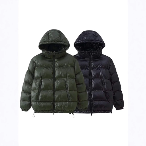 Women's Loose Glossy Hooded Puffer Jacket Casual Shiny Quilted Cotton Padded Coat Warm Solid Outerwear With Pockets