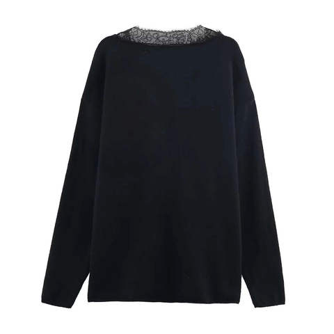 Dames Casual V-hals Gebreide Trui Elegant Kant Lange Mouwen Pullover Losse Pasvorm Effen Kleur Herfst Gebreide Kleding Top