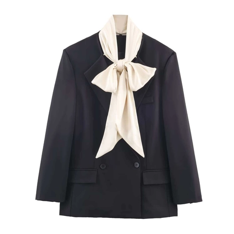 Dames Elegante Double-breasted Blazerjas Met Satijnen Strik Reverskraag Lange Mouw Woon-werkverkeer Pak Top Voor Dames