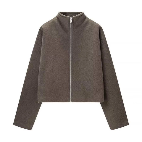 Women Fashion Stand Collar Woolen Coat Casual Solid Color Zipper Short Jacket Loose Long Sleeve Autumn Winter Outerwear