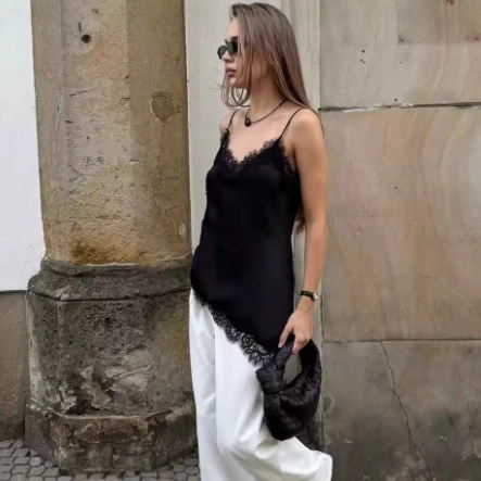 Women Lace Trim Satin Camisole Sexy V Neck Backless Spaghetti Strap Top Asymmetric Hem Elegant Summer Tank Top For Daily Party