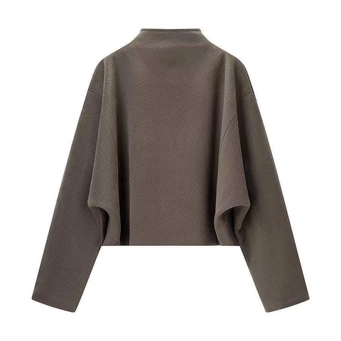 Women Fashion Stand Collar Woolen Coat Casual Solid Color Zipper Short Jacket Loose Long Sleeve Autumn Winter Outerwear
