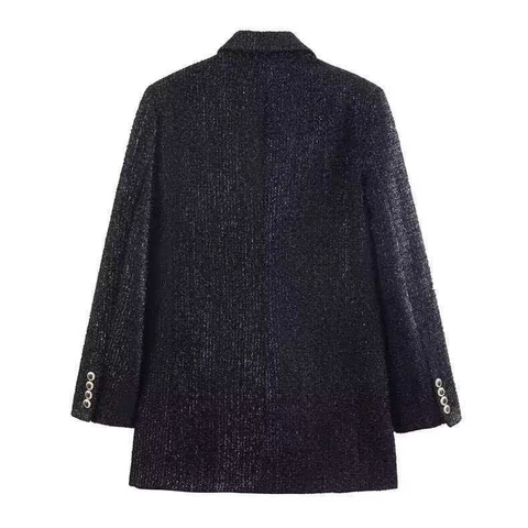 Women Tweed Double Breasted Blazer Metallic Thread Button Lapel Loose Fit Casual Autumn Winter Outerwear Office Jacket