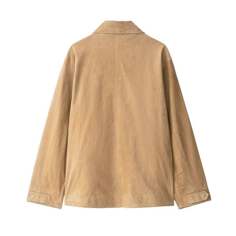 Women Vintage Faux Suede Jacket Casual Khaki Loose Mid Length Coat With Pockets Solid Color Long Sleeve Commuter Outwear