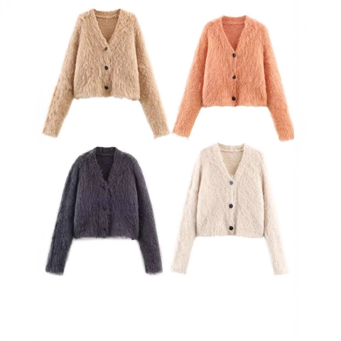 Women Casual Fluffy V-Neck Knit Cardigan Single Breasted Long Sleeve Mohair-Style Soft Knitting Sweater Top