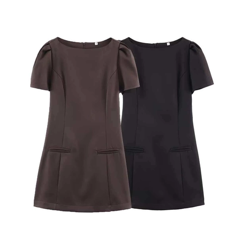 Vestido de Mujer Elegante Color Sólido Mangas Abullonadas Cuello Redondo Ajuste Delgado Mini Vestido Corto Con Bolsillos Decorativos Cremallera Trasera