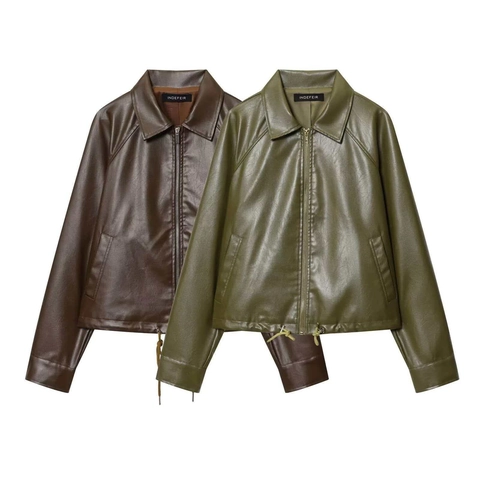 Women Faux Leather Jacket Loose Drawstring Hem PU Moto Biker Coat Square Collar Zip Up Short Outerwear Autumn Casual Top