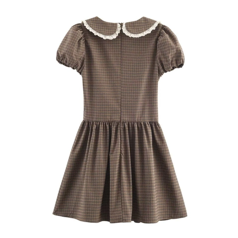 Robe Courte A Carreaux Femmes Col Claudine Dentelle Manches Bouffantes Noeud Style Pastoral Elegant Polyester Fermeture Eclair