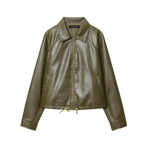 Women Faux Leather Jacket Loose Drawstring Hem PU Moto Biker Coat Square Collar Zip Up Short Outerwear Autumn Casual Top
