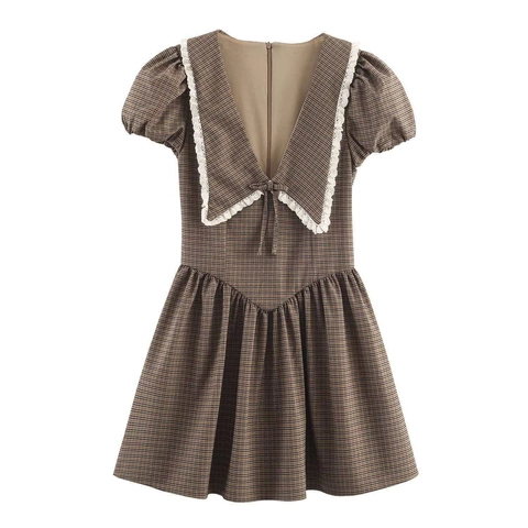 Robe Courte A Carreaux Femmes Col Claudine Dentelle Manches Bouffantes Noeud Style Pastoral Elegant Polyester Fermeture Eclair