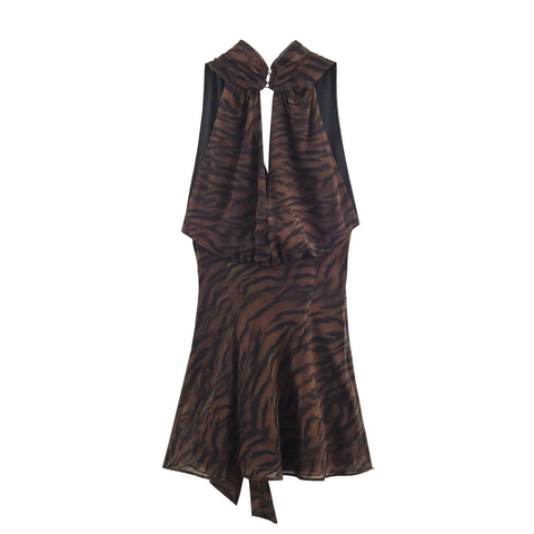 Γυναικείο Σέξι Animal Print Halter Μίνι Φόρεμα Αμάνικο Εξώπλατο Με Δέσιμο Στη Μέση Εφαρμοστό Καλοκαιρινό Φόρεμα