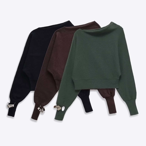 Pull en Tricot à Épaules Dénudées pour Femmes Manches Longues Haut ample avec Détail d'Anneau en Métal Couleur Unie Élégant