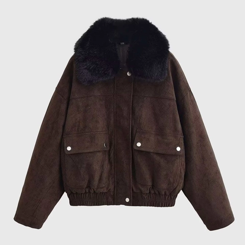 Damen Vintage Wildlederimitat Jacke Mit Schwarzem Kunstpelzkragen Einfarbig Warme Oberbekleidung Kurze Bomberjacke Für Damen