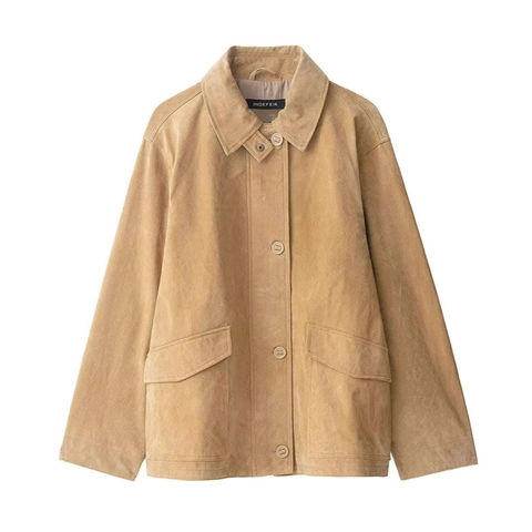 Women Vintage Faux Suede Jacket Casual Khaki Loose Mid Length Coat With Pockets Solid Color Long Sleeve Commuter Outwear