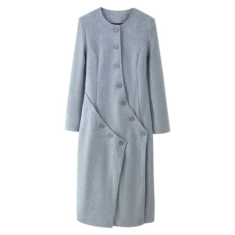 Manteau Long en Laine Élégant pour Femmes Col Rond Boutons Asymétriques Fente Arrière Coupe Slim Pardessus de Mode