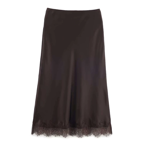 Elegante Gonna Midi in Raso Con Bordo in Pizzo per Donna Tinta Unita Setosa Dritta Vita Alta Gonna per Festa Ufficio