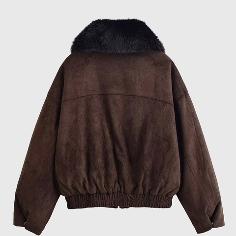 Damen Vintage Wildlederimitat Jacke Mit Schwarzem Kunstpelzkragen Einfarbig Warme Oberbekleidung Kurze Bomberjacke Für Damen