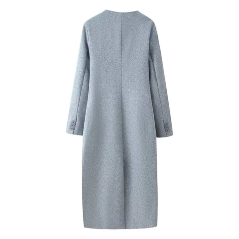 Manteau Long en Laine Élégant pour Femmes Col Rond Boutons Asymétriques Fente Arrière Coupe Slim Pardessus de Mode