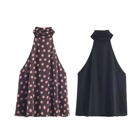 Women Summer Halter Neck Sleeveless Chiffon Top Elegant Bow Tie Back Polka Dot Solid Black Commute Tank Top For Lady