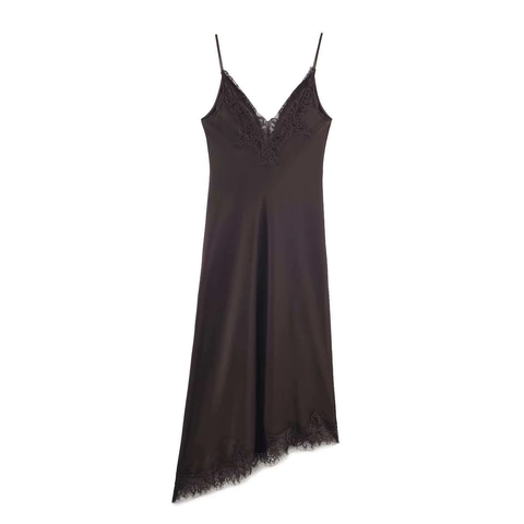 Damen Sexy Satin Spitze Patchwork V-Ausschnitt Trägerkleid Asymmetrischer Saum Kaffeebraun Elegantes Midi-Slip-Kleid Party