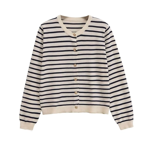 Women Striped Knit Cardigan Round Neck Gold Buttons Long Sleeve Elegant Slim Fit Autumn Soft Polyester Sweater Coat Top