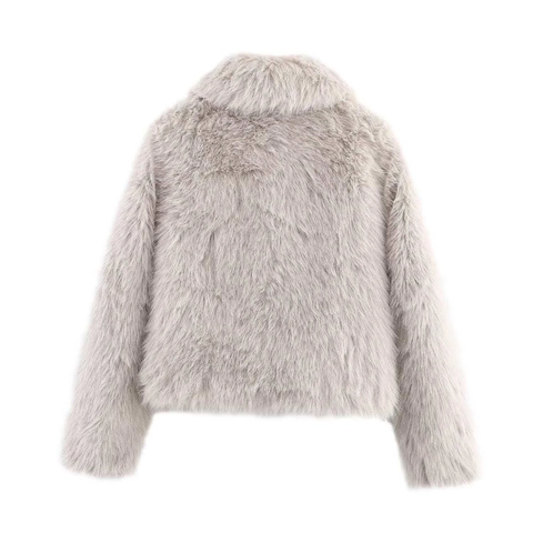 Chaqueta de Piel Sintética Casual para Mujer Gris Claro Color Sólido Abrigo Corto Elegante Cuello Cuadrado Cremallera Frontal Ropa de Abrigo Cálida para Invierno