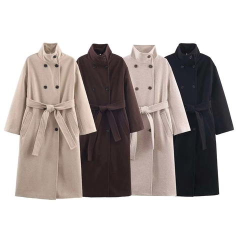 Donna Casual Tinta Unita Look Lana Cappotto Lungo Doppiopetto Collo Alto Trench Giacca Con Cintura Elegante Capispalla Pendolare