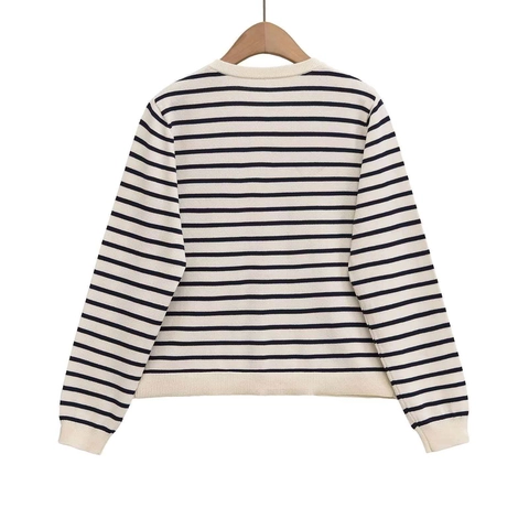 Women Striped Knit Cardigan Round Neck Gold Buttons Long Sleeve Elegant Slim Fit Autumn Soft Polyester Sweater Coat Top