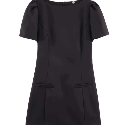 Vestido de Mujer Elegante Color Sólido Mangas Abullonadas Cuello Redondo Ajuste Delgado Mini Vestido Corto Con Bolsillos Decorativos Cremallera Trasera
