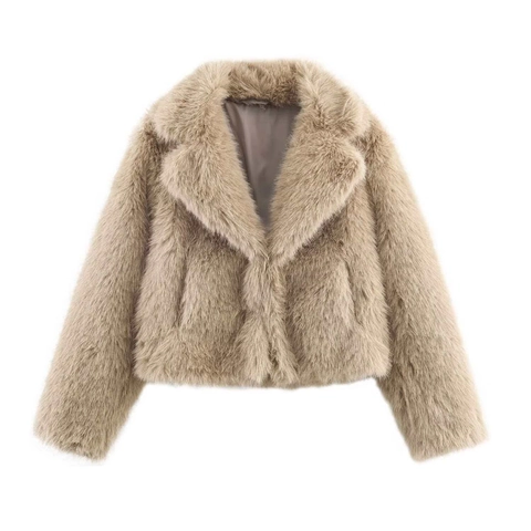 Giacca In Pelliccia Sintetica Da Donna Invernale Elegante Revers Manica Lunga Cappotto Shaggy Corto Caldo Peluche Marrone Chiaro