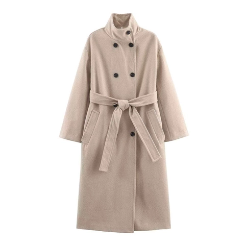 Donna Casual Tinta Unita Look Lana Cappotto Lungo Doppiopetto Collo Alto Trench Giacca Con Cintura Elegante Capispalla Pendolare
