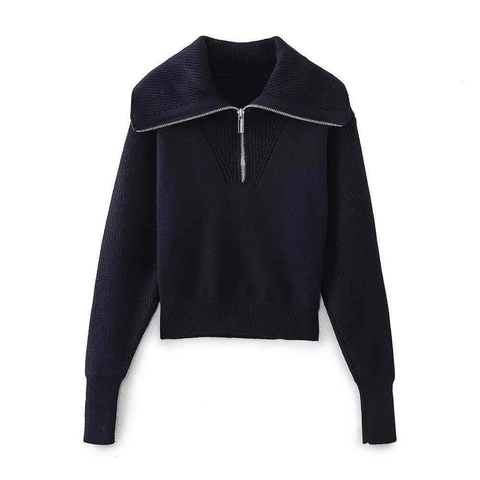Suéter de Punto Casual Azul Marino para Mujer Con Cremallera Cuello Camisero Pullover Manga Larga Acanalado Corto Ropa de Punto
