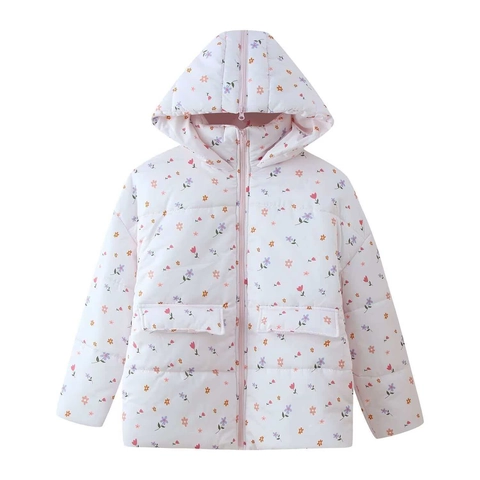 Damen Winter Casual Kapuzen Wattierte Mantel Blumen Obst Druck Dick Warm Langarm Außenbekleidung Steppjacke