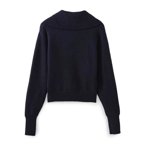 Suéter de Punto Casual Azul Marino para Mujer Con Cremallera Cuello Camisero Pullover Manga Larga Acanalado Corto Ropa de Punto