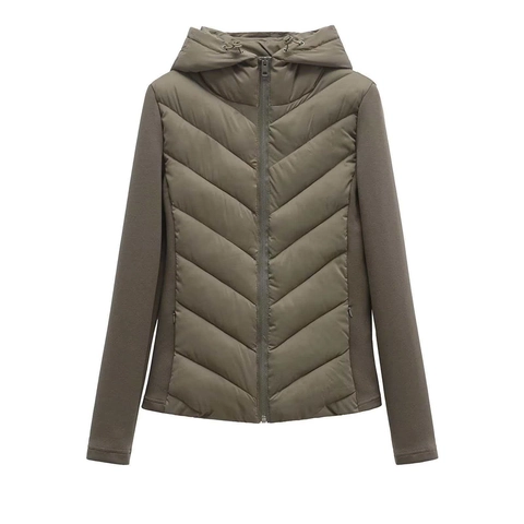 Women Slim Fit V-Quilted Hooded Jacket Padded Cotton Coat Zipper Long Sleeve Windproof Outerwear Winter Autumn
