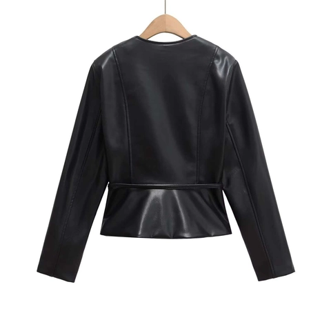 Women's Faux PU Leather Jacket Elegant Peplum Hem Slim Fit Belted Zipper Round Neck Long Sleeve Solid Color Fashion Outwear
