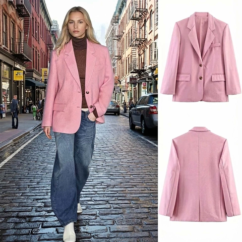 Blazer da Donna Oversize Rosa in Lana Rever a Lancia Doppio Bottone Manica Lunga Media Lunghezza Elegante Giacca Cappotto