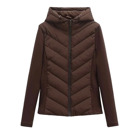 Women Slim Fit V-Quilted Hooded Jacket Padded Cotton Coat Zipper Long Sleeve Windproof Outerwear Winter Autumn