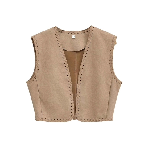Women Casual Faux Suede Whipstitch Vest Vintage Bohemian Style V-Neck Sleeveless Open Front Short Waistcoat Top Elegant Streetwear