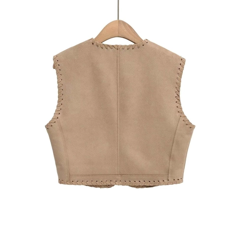 Women Casual Faux Suede Whipstitch Vest Vintage Bohemian Style V-Neck Sleeveless Open Front Short Waistcoat Top Elegant Streetwear