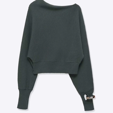 Pull en Tricot à Épaules Dénudées pour Femmes Manches Longues Haut ample avec Détail d'Anneau en Métal Couleur Unie Élégant