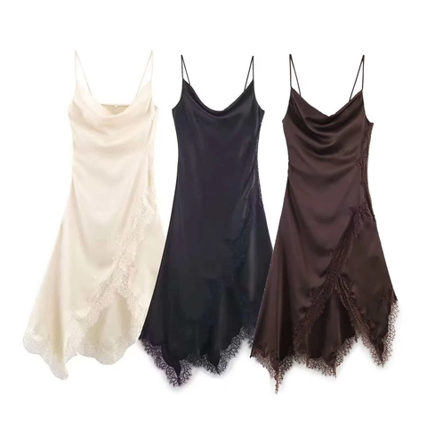 Women Sexy Asymmetric Satin Midi Dress Lace Trim Cowl Neck Spaghetti Strap Sleeveless Solid Color Party Slip Dress