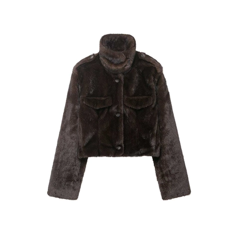 Dames Winter Donkerbruin Imitatiebont Jas Opstaande Kraag Kort Gesneden Jas Met Knoppen Epauletten Grote Zakken Warm